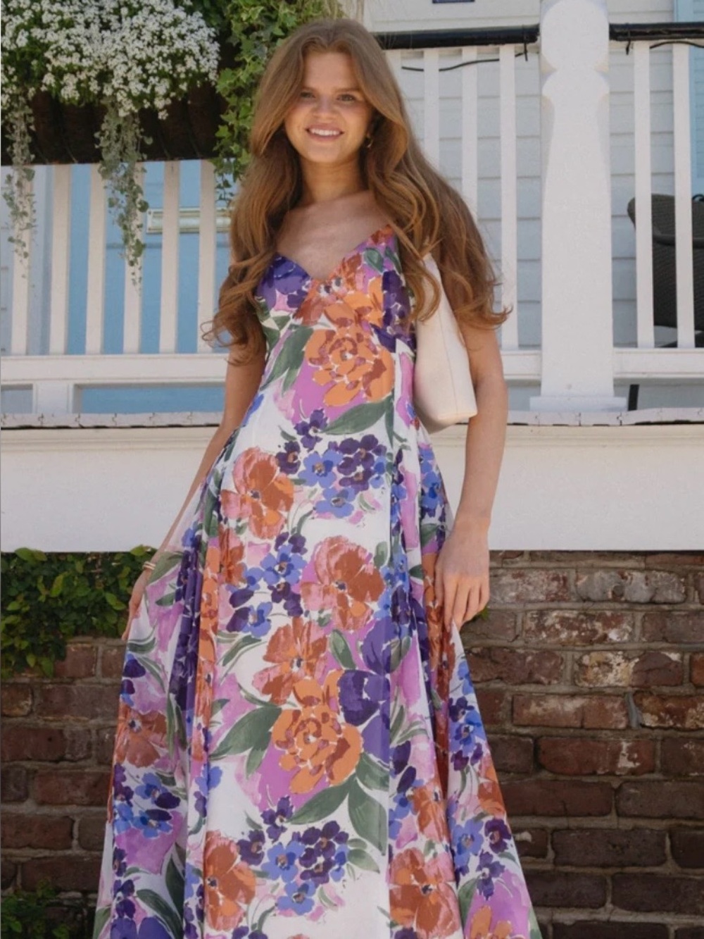 vestique White Floral Maxi Dress with Purple & Orange Blooms